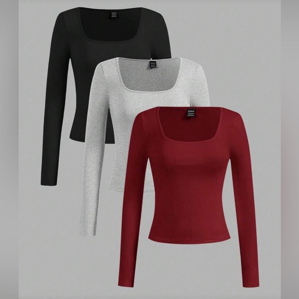 ❥𝗦𝗛𝗘𝗜𝗡: Women's Long Sleeve Square Neck Tops - Black, Gray, Red